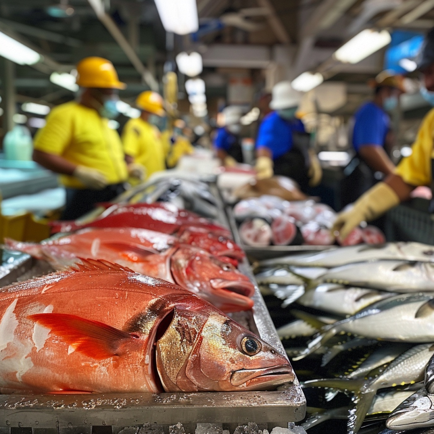 Fresh red snapper moving along the processing line